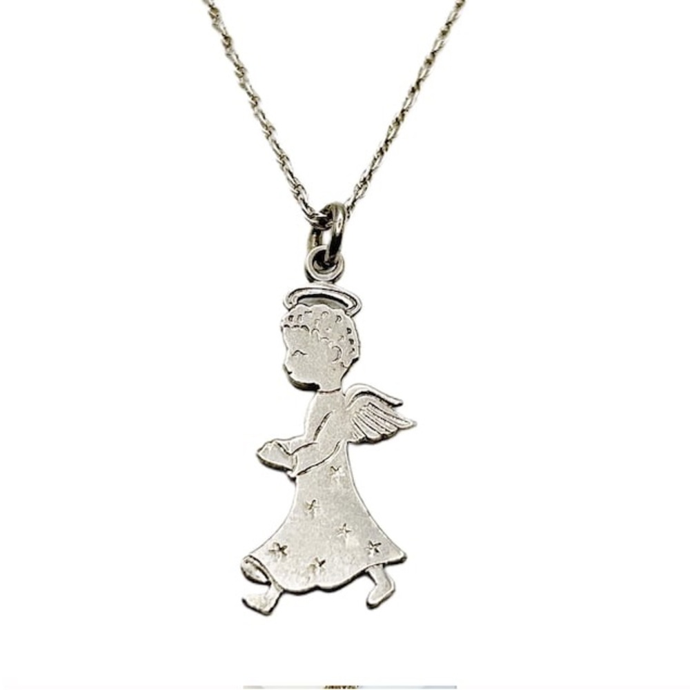 Vintage Sterling Cherub Angel with Halo Pendant Necklace